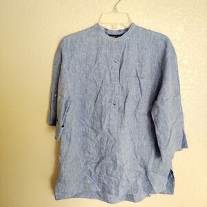 Lafayette 148 linen Lagenlook blue button down adjustable sleeve blouse sz S